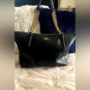 Coach black leather tote with gold hardware